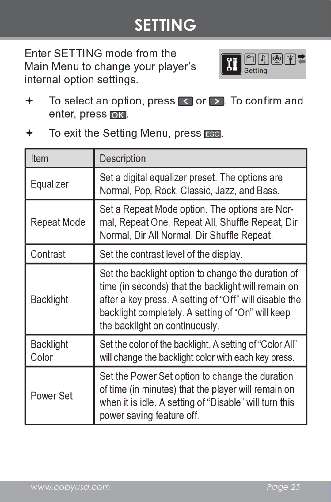 COBY electronic MP-C546 instruction manual Setting 