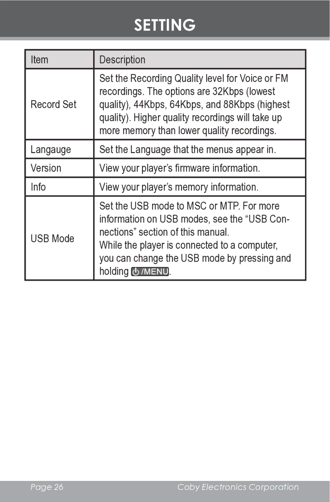 COBY electronic MP-C546 instruction manual Setting 