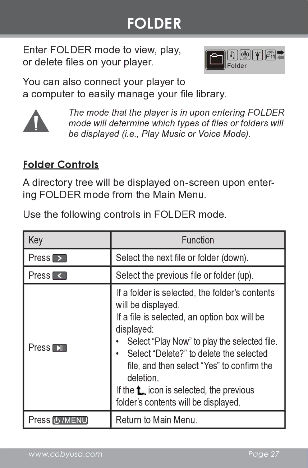 COBY electronic MP-C546 instruction manual Folder Controls 