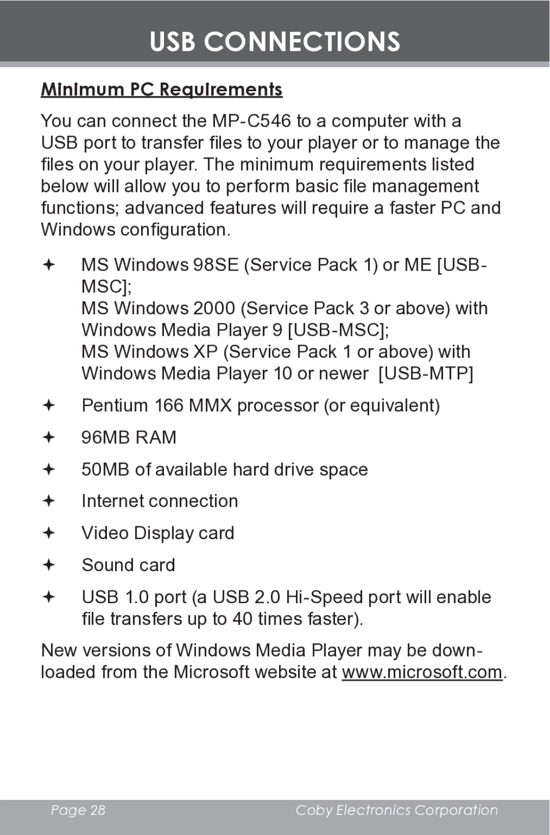 COBY electronic MP-C546 instruction manual USB Connections, Minimum PC Requirements 