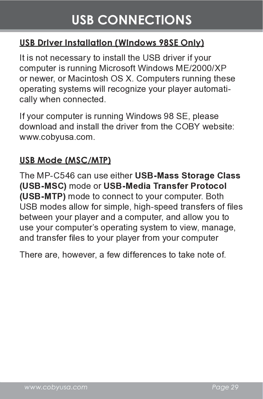 COBY electronic MP-C546 instruction manual USB Driver Installation Windows 98SE Only, USB Mode MSC/MTP 