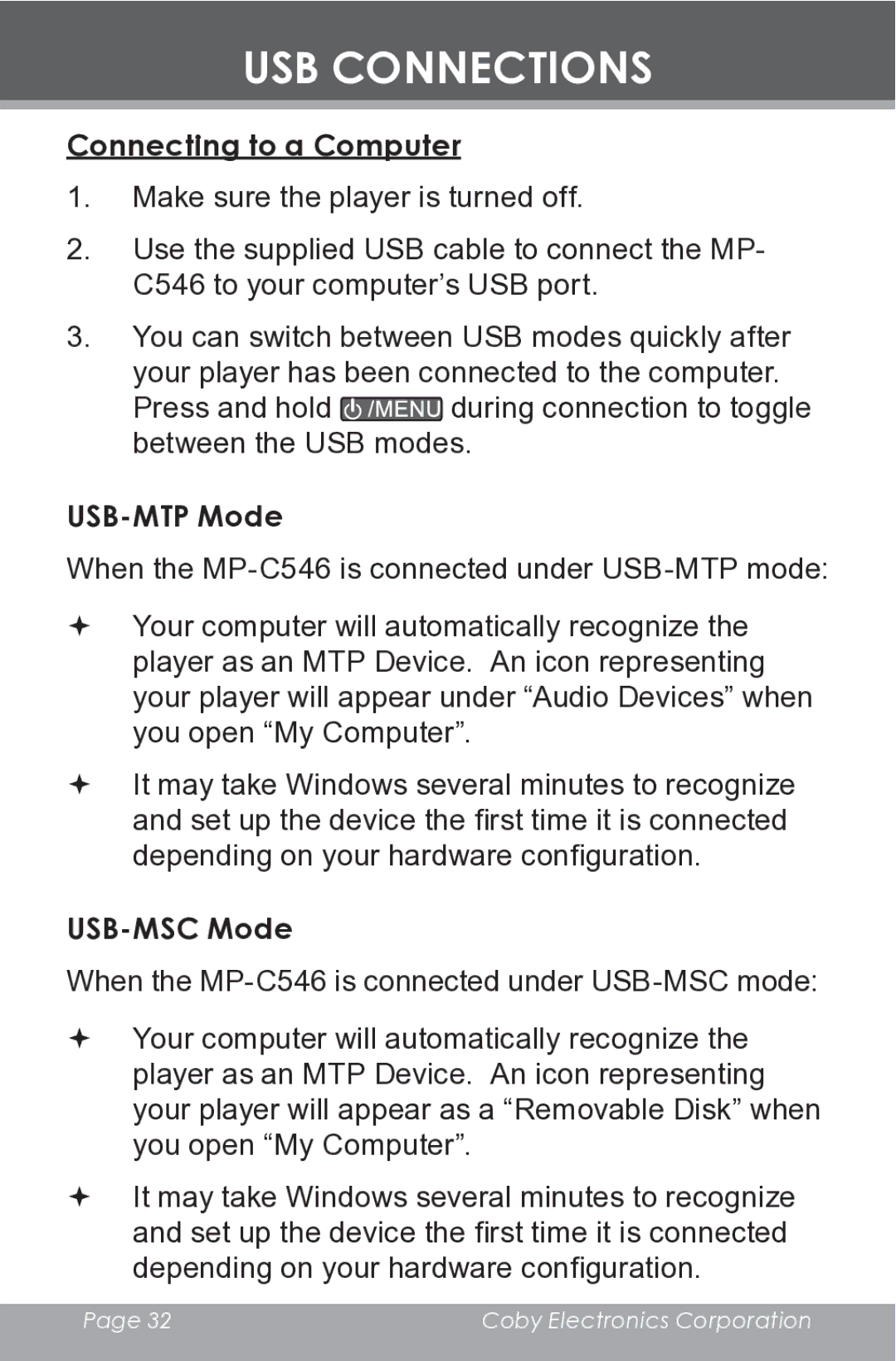 COBY electronic MP-C546 instruction manual Connecting to a Computer, USB-MTP Mode, USB-MSC Mode 