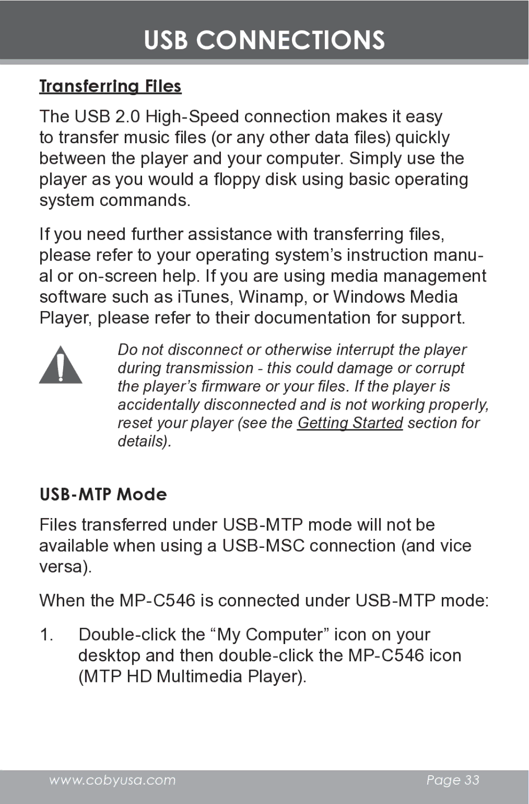 COBY electronic MP-C546 instruction manual Transferring Files 