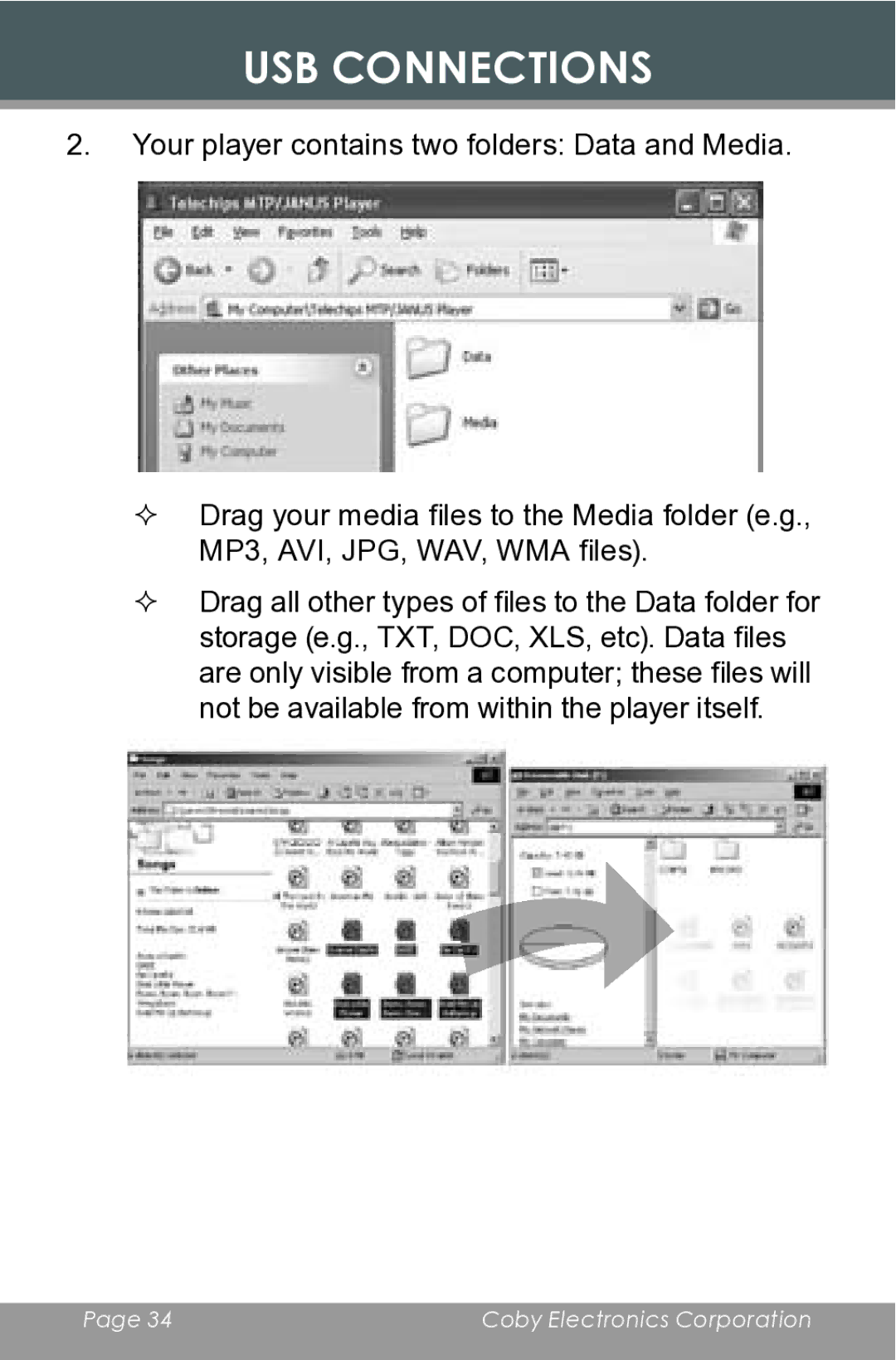 COBY electronic MP-C546 instruction manual USB Connections 