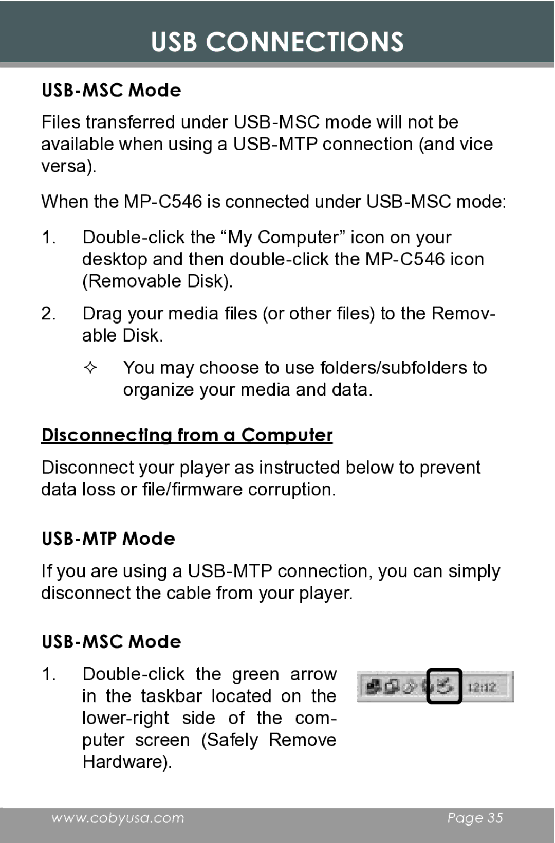 COBY electronic MP-C546 instruction manual USB-MSC Mode, Disconnecting from a Computer 