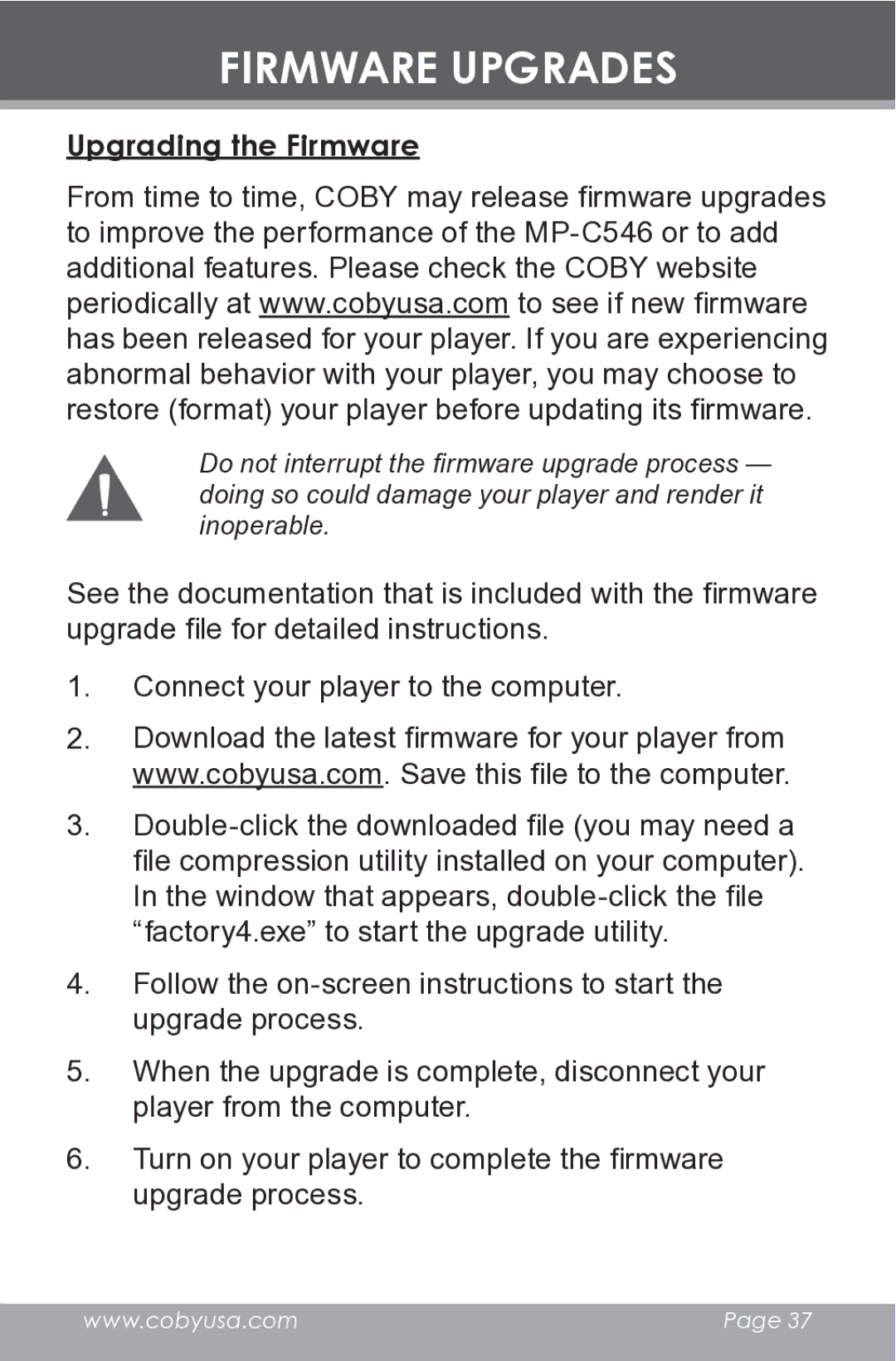 COBY electronic MP-C546 instruction manual Firmware Upgrades, Upgrading the Firmware 