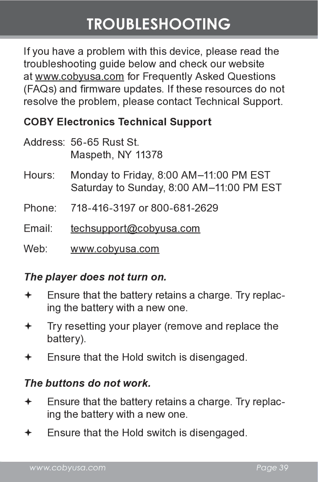 COBY electronic MP-C546 instruction manual Troubleshooting, Coby Electronics Technical Support 