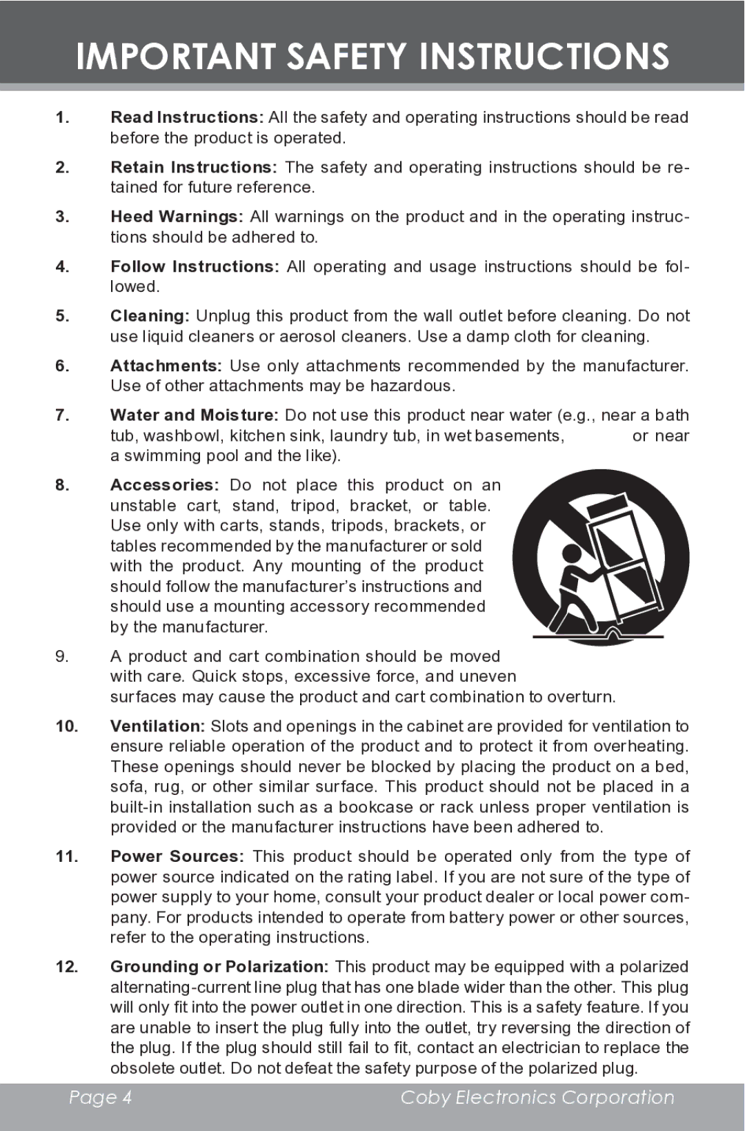 COBY electronic MP-C546 instruction manual Important Safety Instructions 