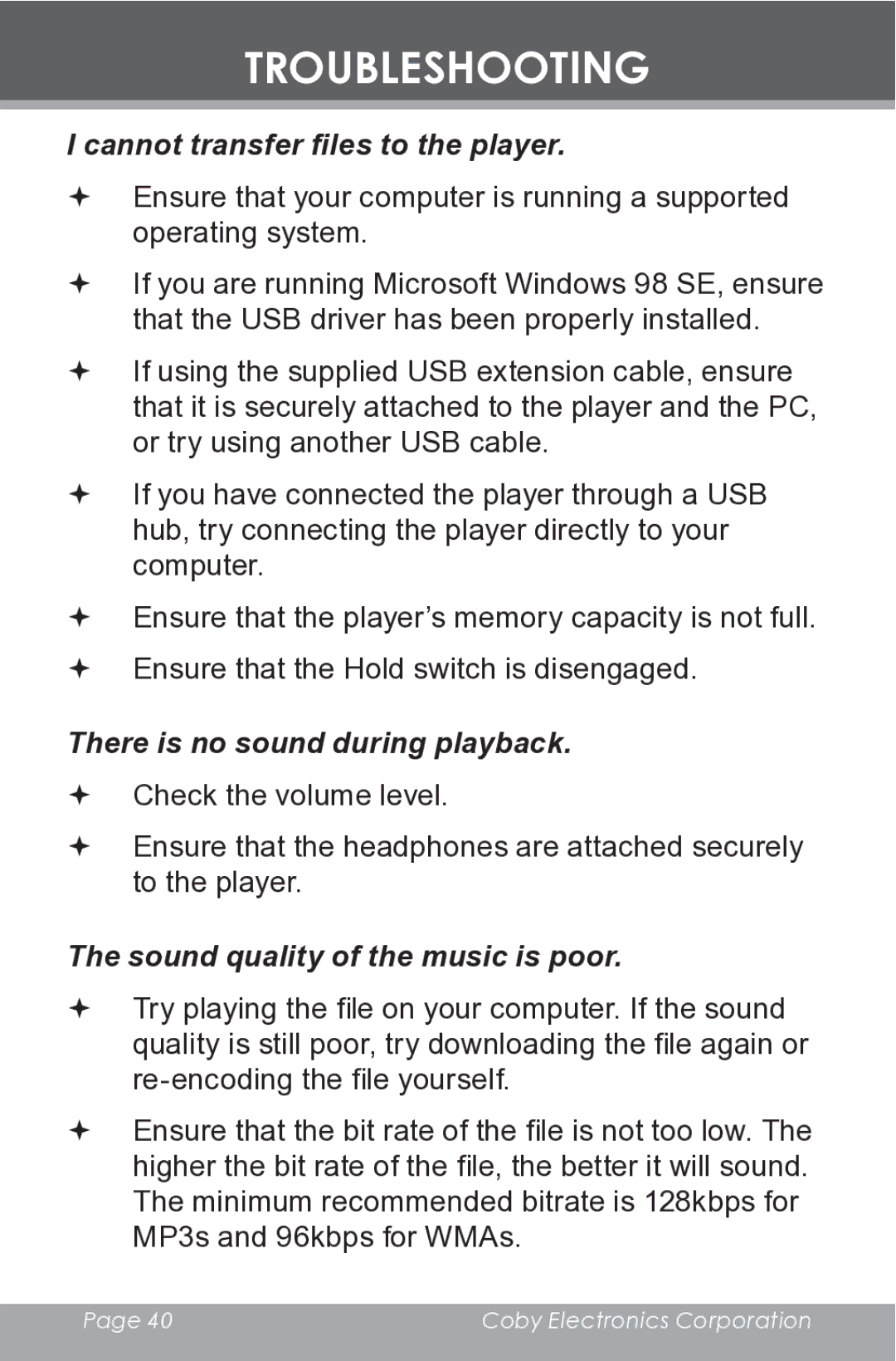 COBY electronic MP-C546 instruction manual There is no sound during playback 