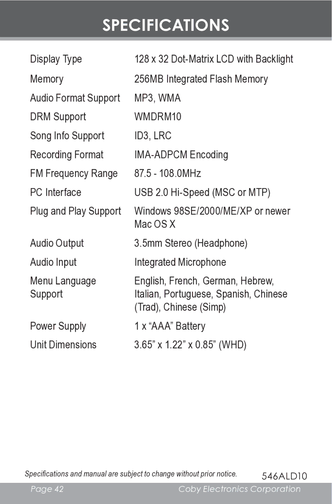 COBY electronic MP-C546 instruction manual Specifications, ID3, LRC 