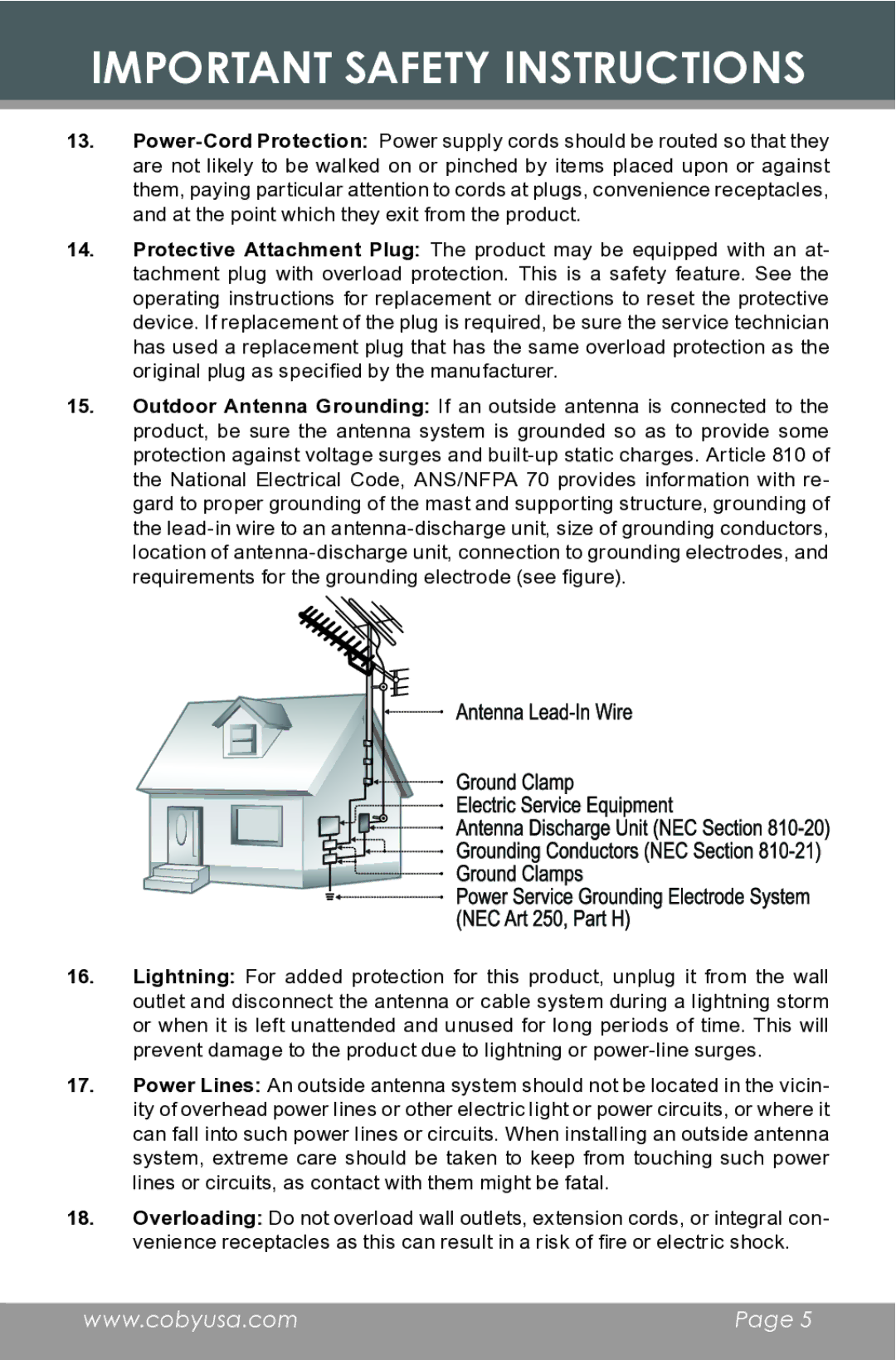 COBY electronic MP-C546 instruction manual Important Safety Instructions 