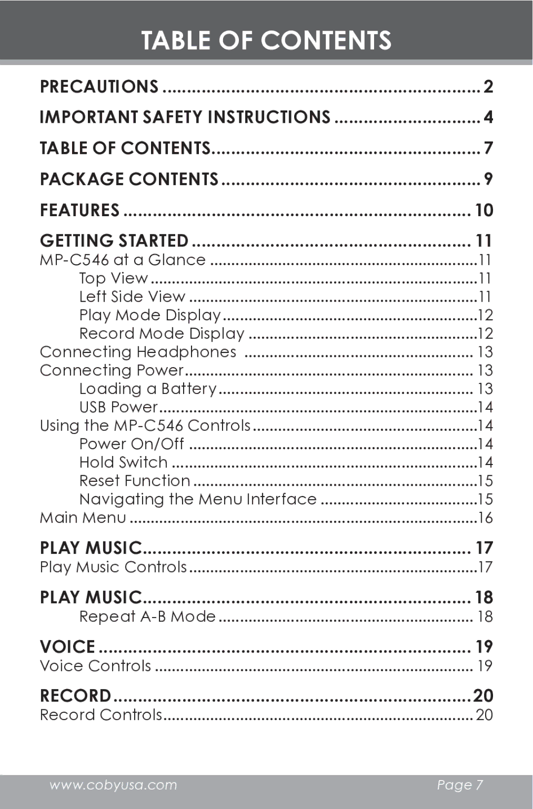 COBY electronic MP-C546 instruction manual Table of Contents 