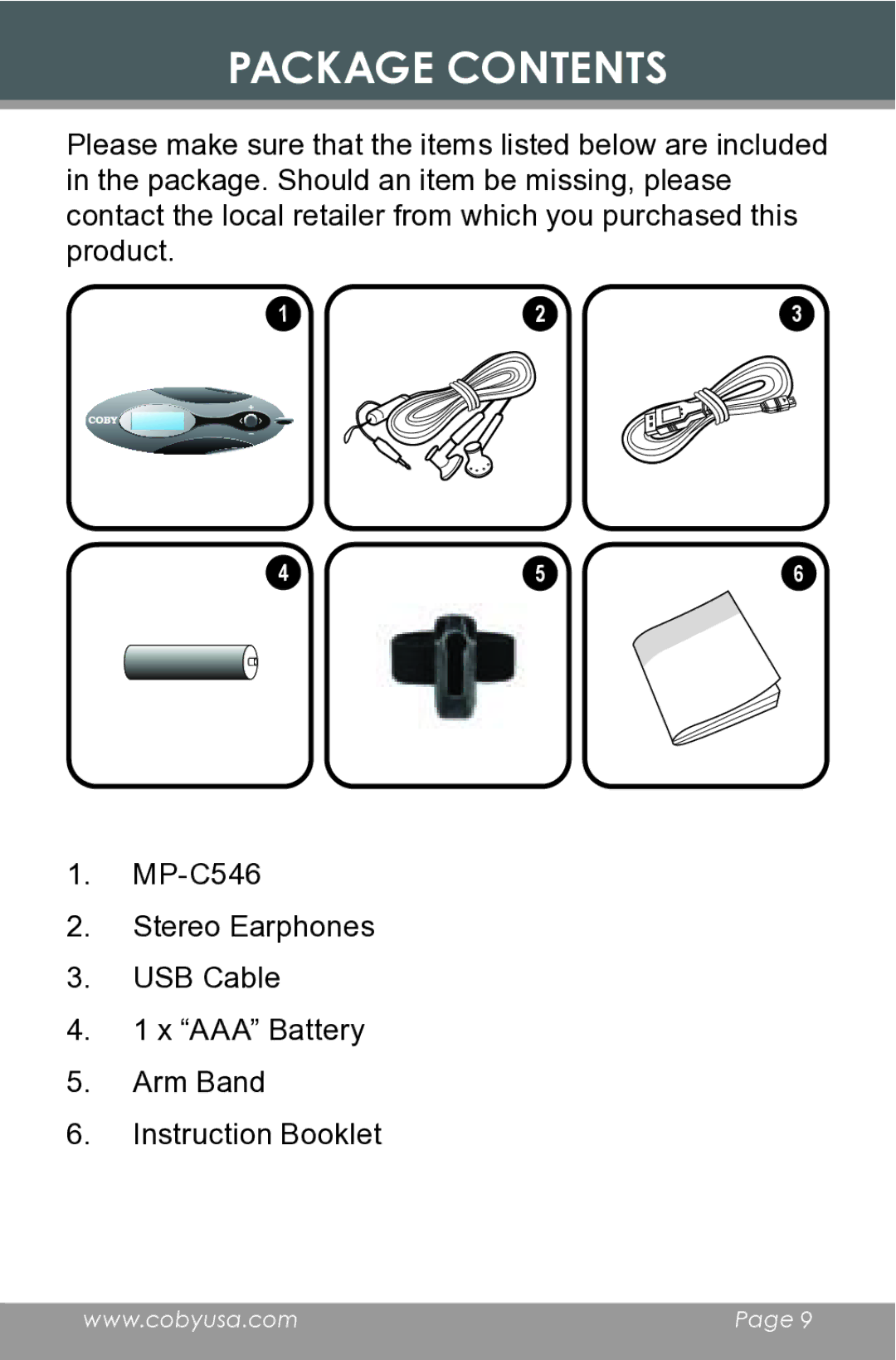 COBY electronic MP-C546 instruction manual Package Contents 