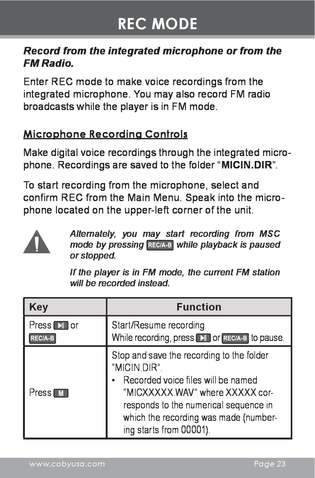 COBY electronic MP-C643 instruction manual Rec Mode, Record from the integrated microphone or from the FM Radio, Function 