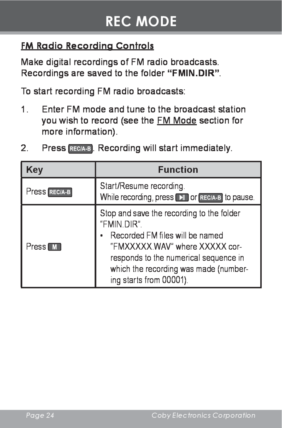 COBY electronic MP-C643 instruction manual FM Radio Recording Controls, Rec Mode, Function 