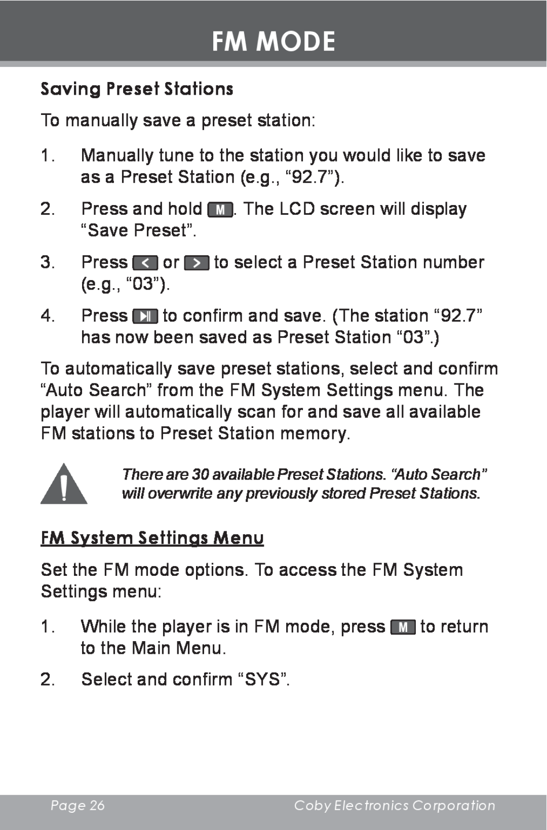 COBY electronic MP-C643 instruction manual Saving Preset Stations, FM System Settings Menu, Fm Mode 