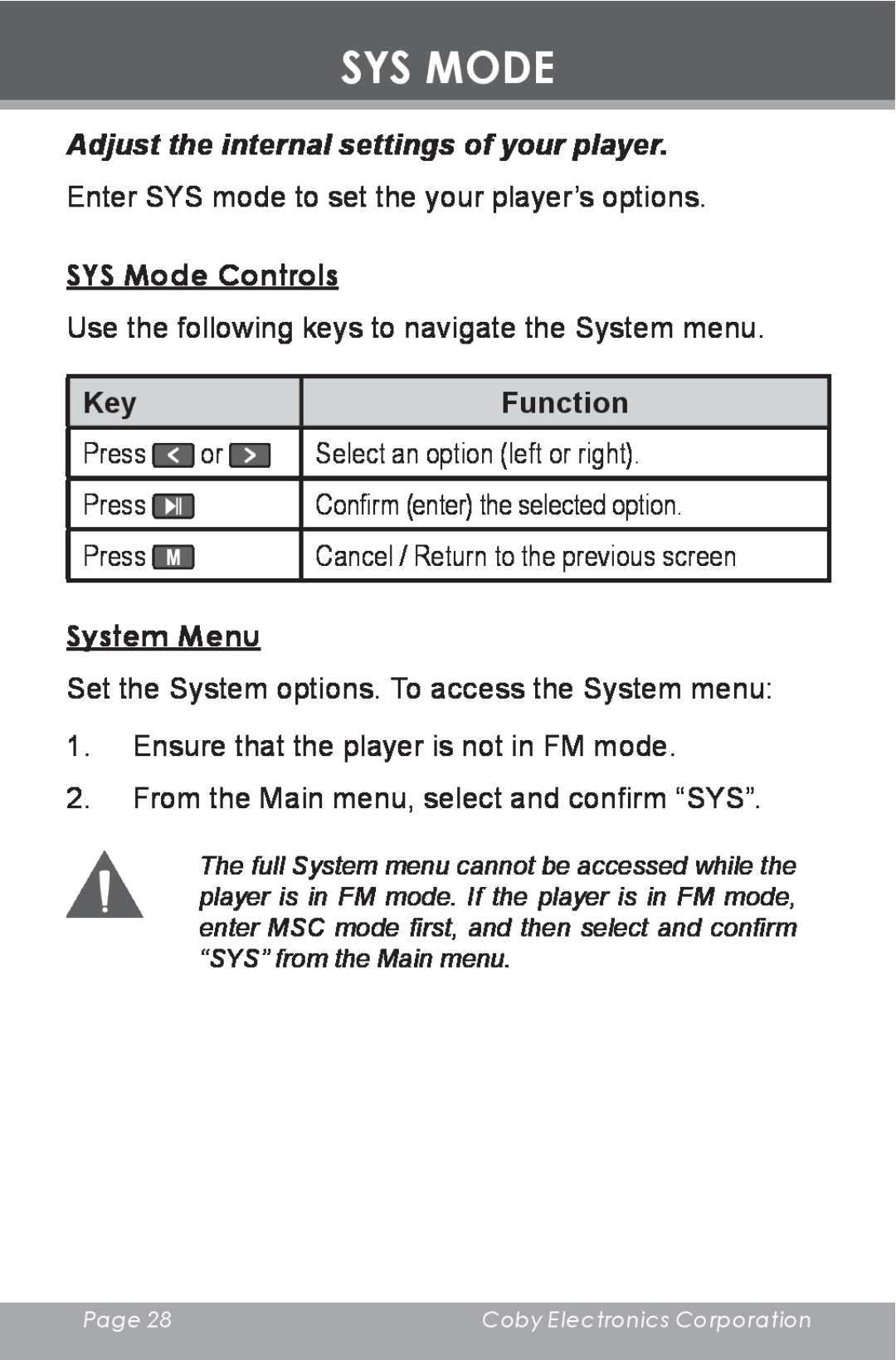 COBY electronic MP-C643 Sys Mode, Adjust the internal settings of your player, SYS Mode Controls, System Menu, Function 