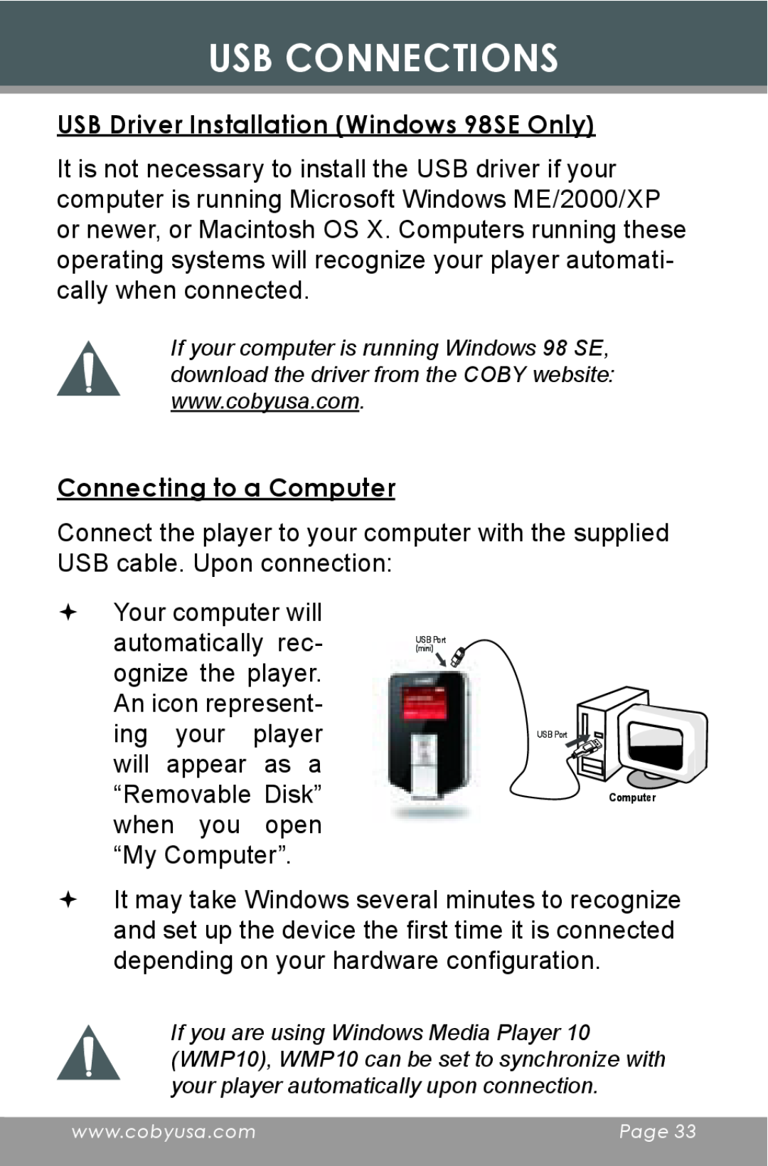 COBY electronic MP-C643 USB Driver Installation Windows 98SE Only, Connecting to a Computer, Usb Connections 
