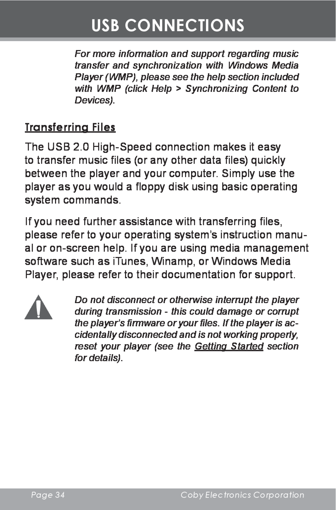 COBY electronic MP-C643 instruction manual Transferring Files, Usb Connections 