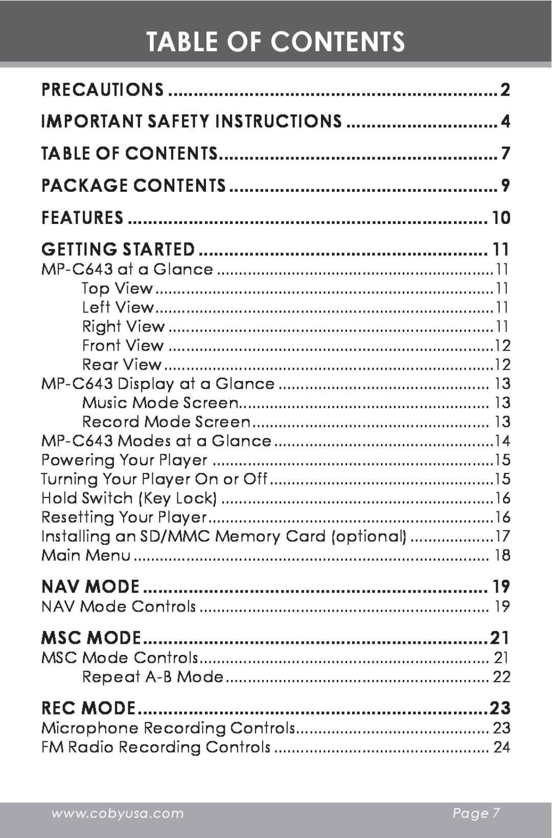 COBY electronic MP-C643 Table Of Contents, Nav Mode, Msc Mode, Rec Mode, Precautions, Important Safety Instructions 