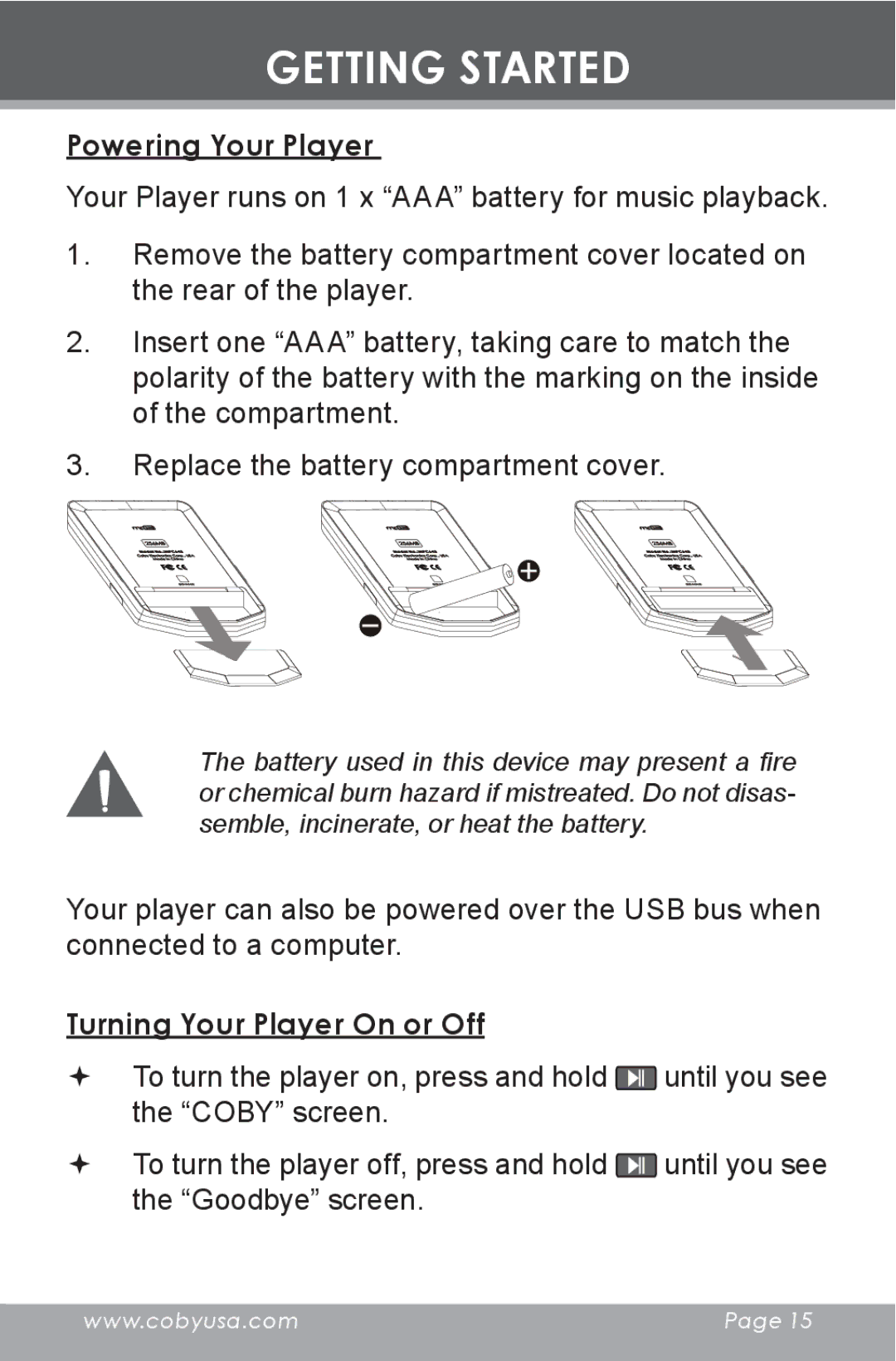 COBY electronic MP-C643 instruction manual Powering Your Player, Turning Your Player On or Off 