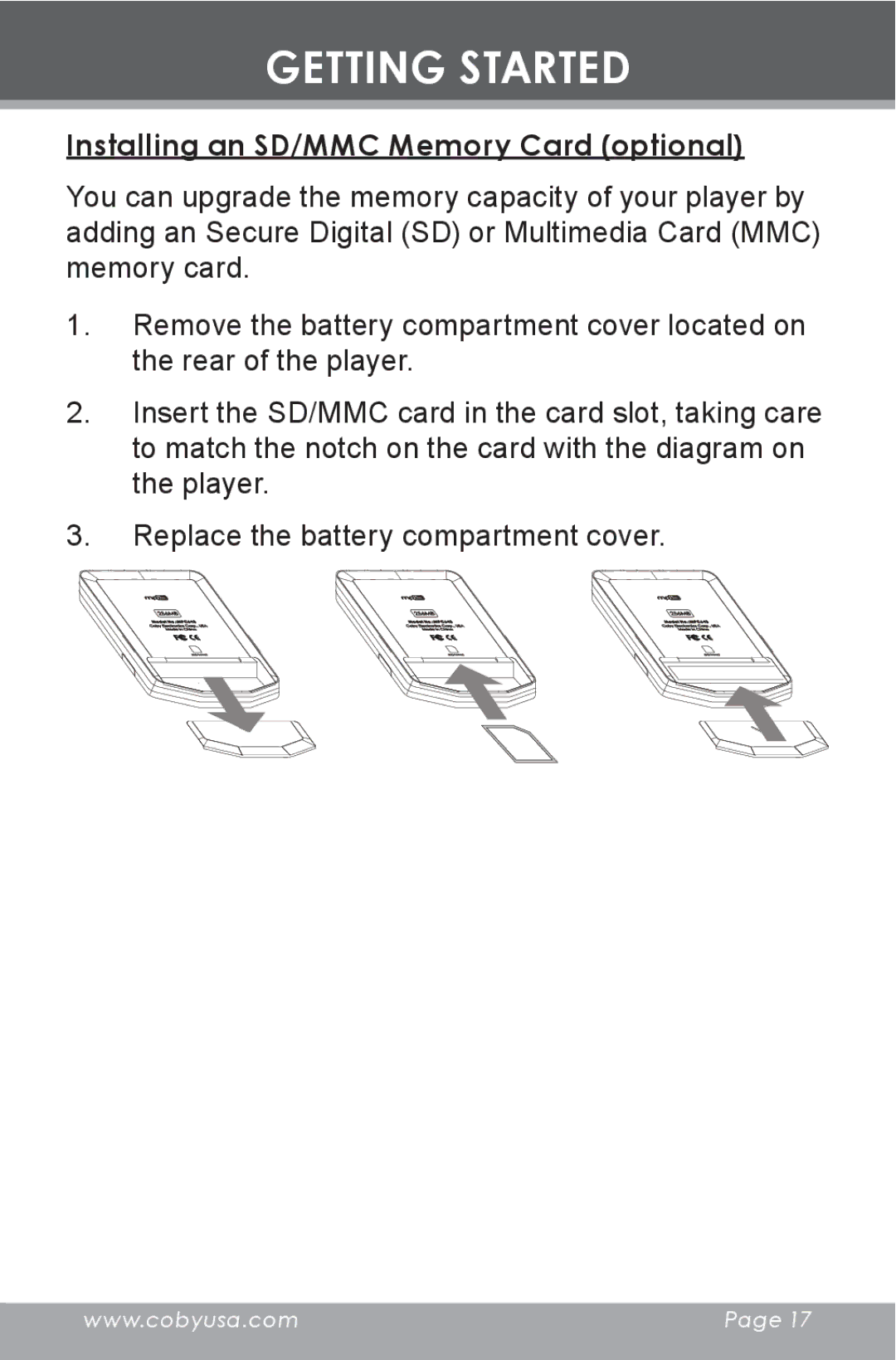 COBY electronic MP-C643 instruction manual Installing an SD/MMC Memory Card optional 