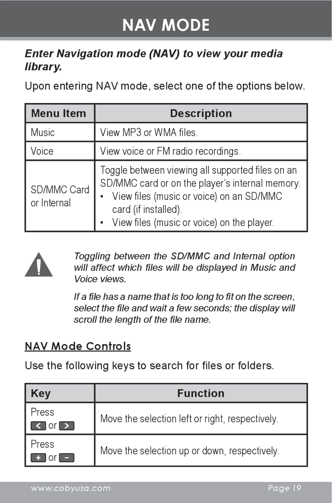 COBY electronic MP-C643 instruction manual Enter Navigation mode NAV to view your media library, NAV Mode Controls 