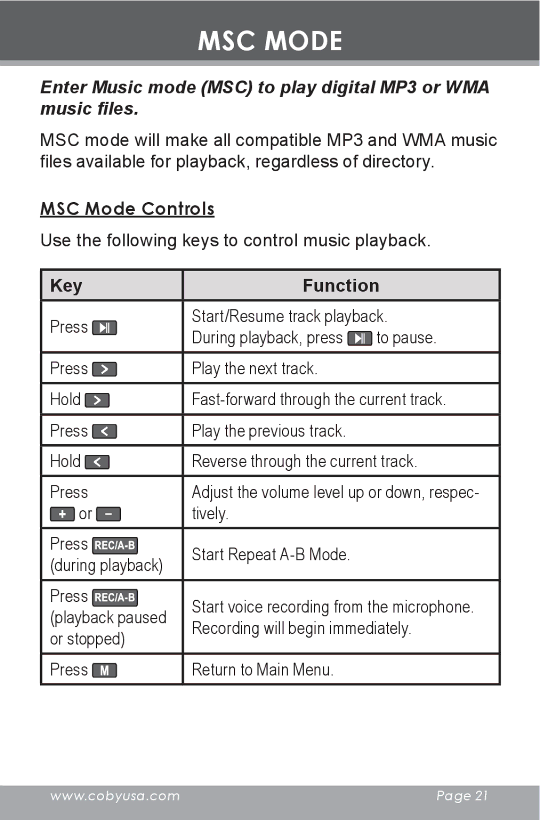 COBY electronic MP-C643 Enter Music mode MSC to play digital MP3 or WMA music files, MSC Mode Controls 