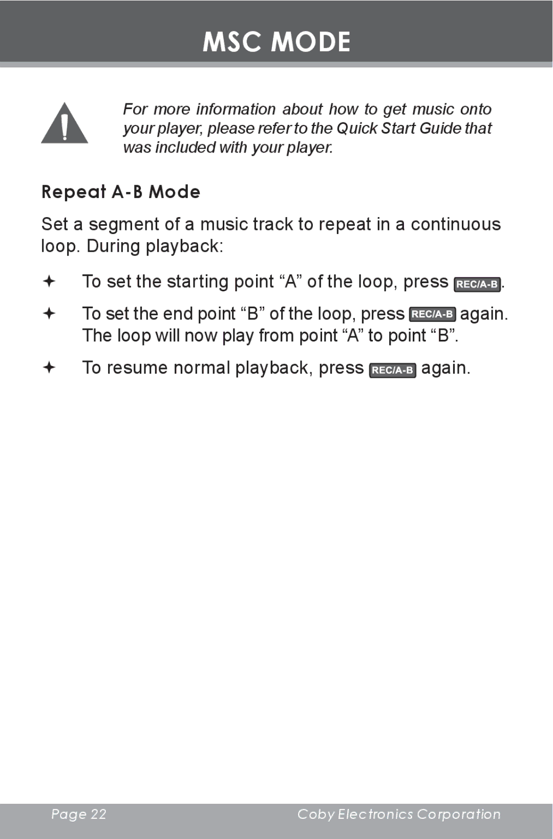 COBY electronic MP-C643 instruction manual Repeat A-B Mode 