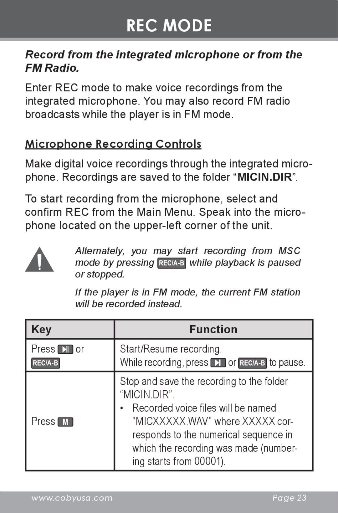 COBY electronic MP-C643 instruction manual REC Mode, Record from the integrated microphone or from the FM Radio 