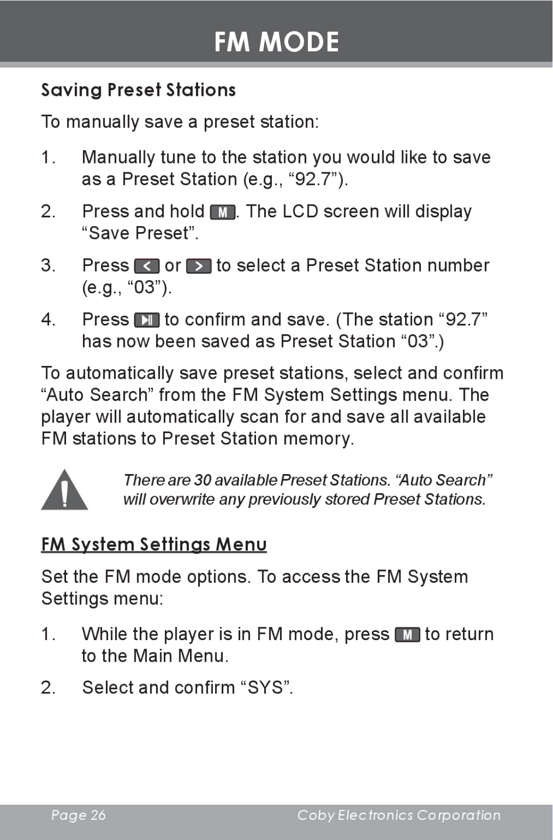 COBY electronic MP-C643 instruction manual Saving Preset Stations, FM System Settings Menu 