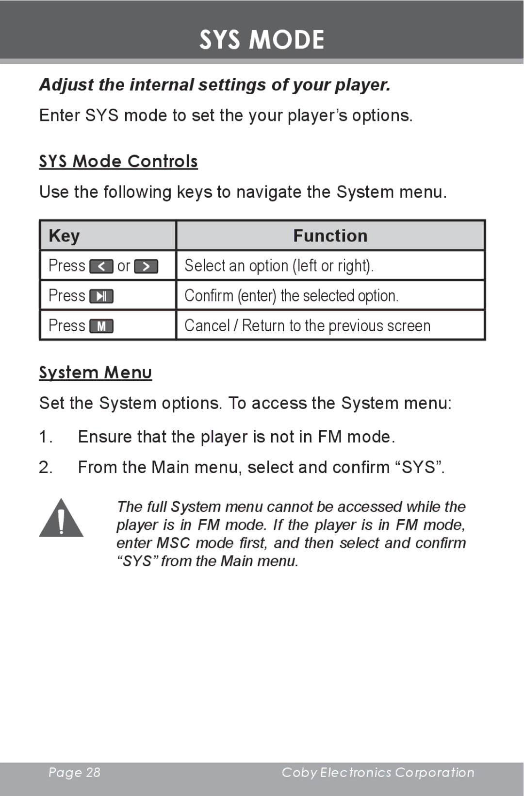 COBY electronic MP-C643 instruction manual Adjust the internal settings of your player, SYS Mode Controls, System Menu 