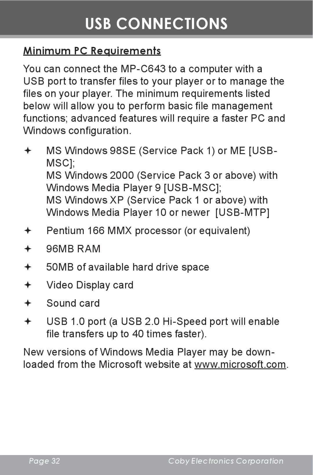 COBY electronic MP-C643 instruction manual USB Connections, Minimum PC Requirements 