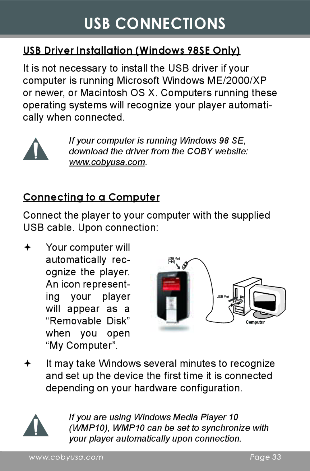 COBY electronic MP-C643 instruction manual USB Driver Installation Windows 98SE Only, Connecting to a Computer 