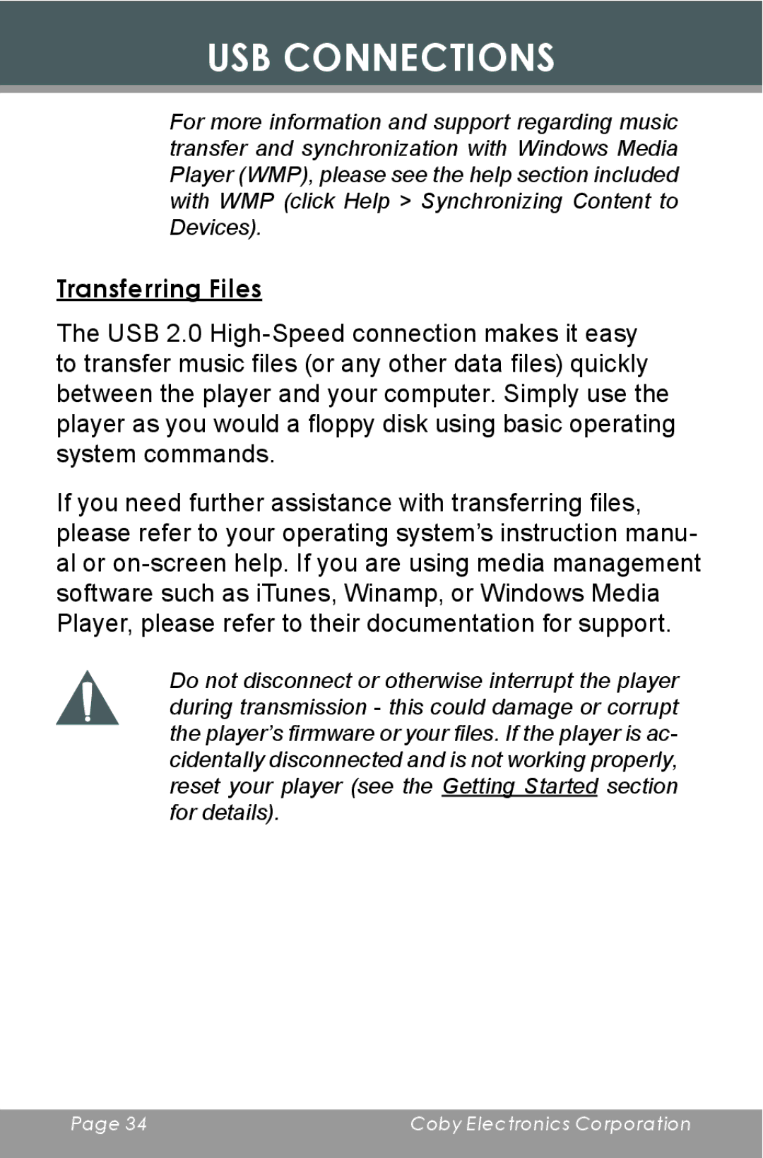 COBY electronic MP-C643 instruction manual Transferring Files 