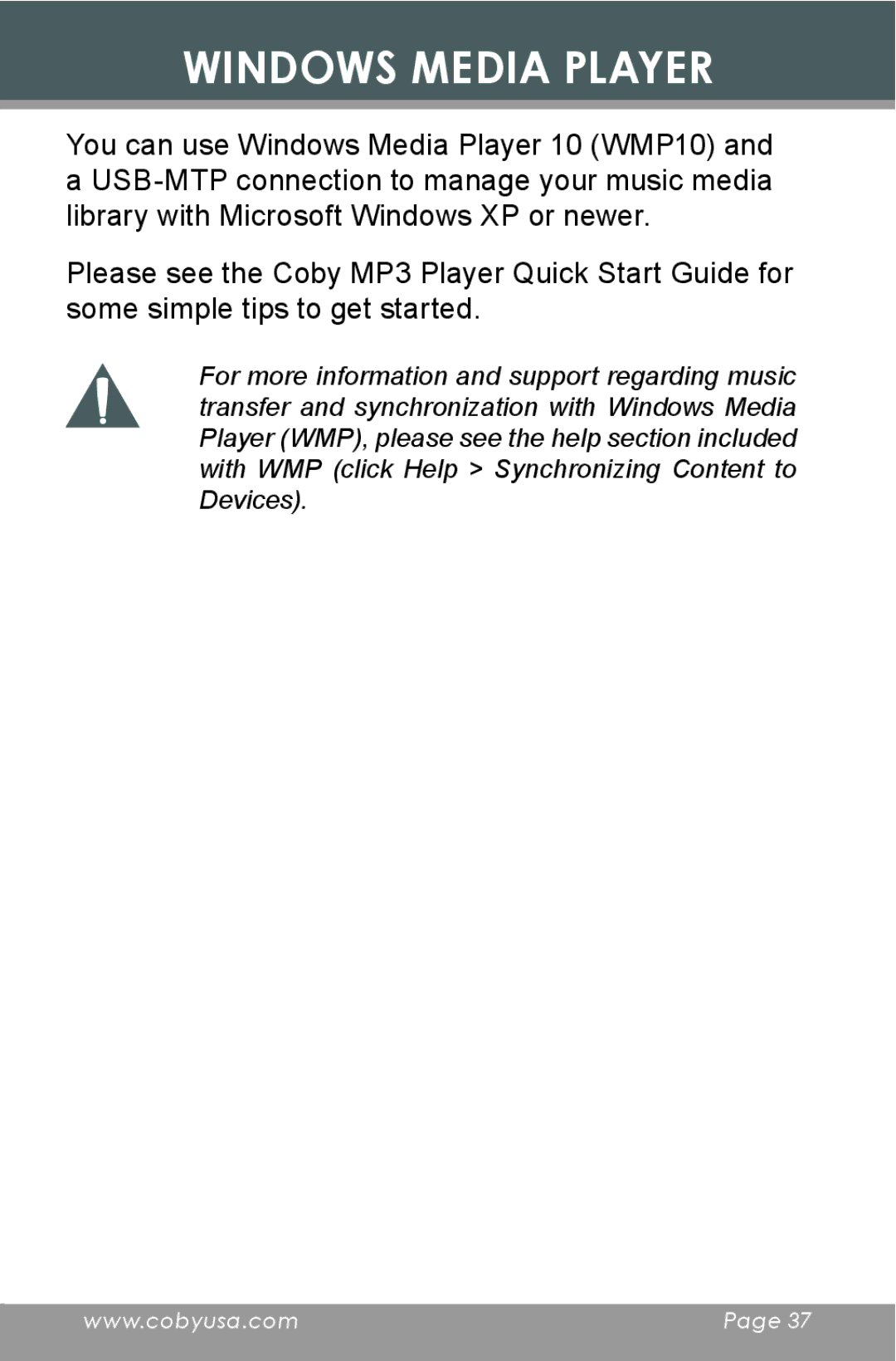 COBY electronic MP-C643 instruction manual Windows Media Player 