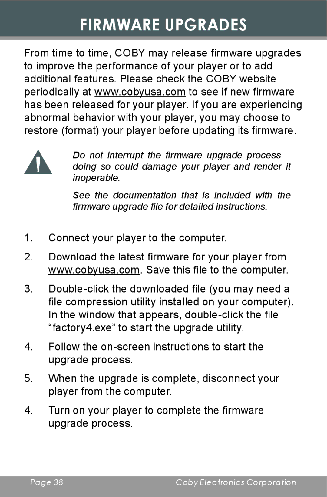 COBY electronic MP-C643 instruction manual Firmware Upgrades 