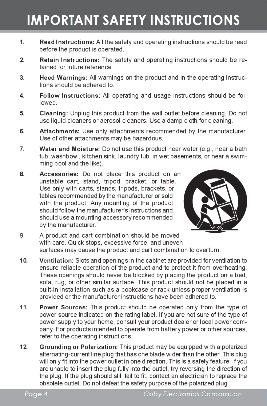 COBY electronic MP-C643 instruction manual Important Safety Instructions 