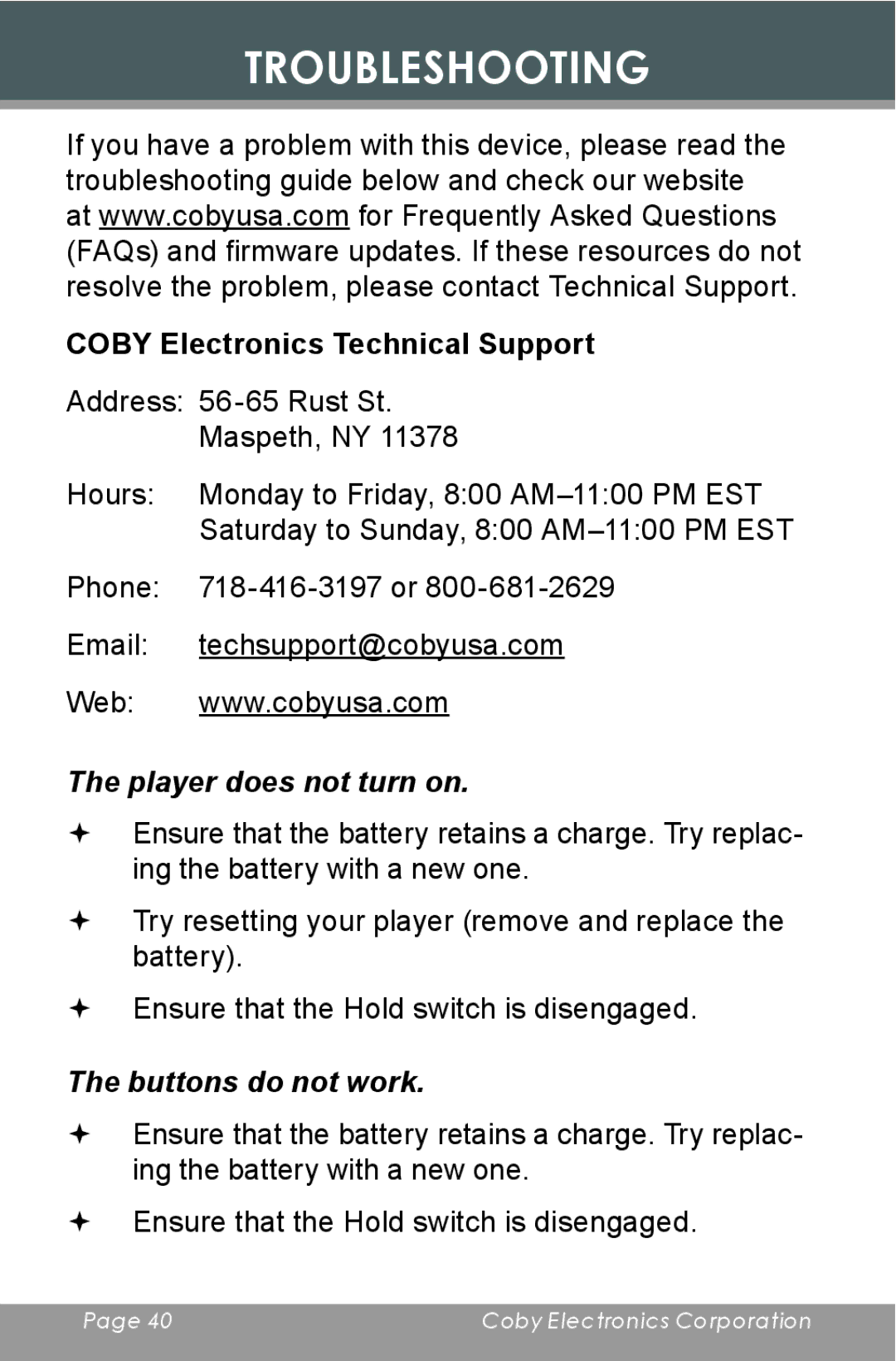 COBY electronic MP-C643 instruction manual Troubleshooting, Player does not turn on, Buttons do not work 