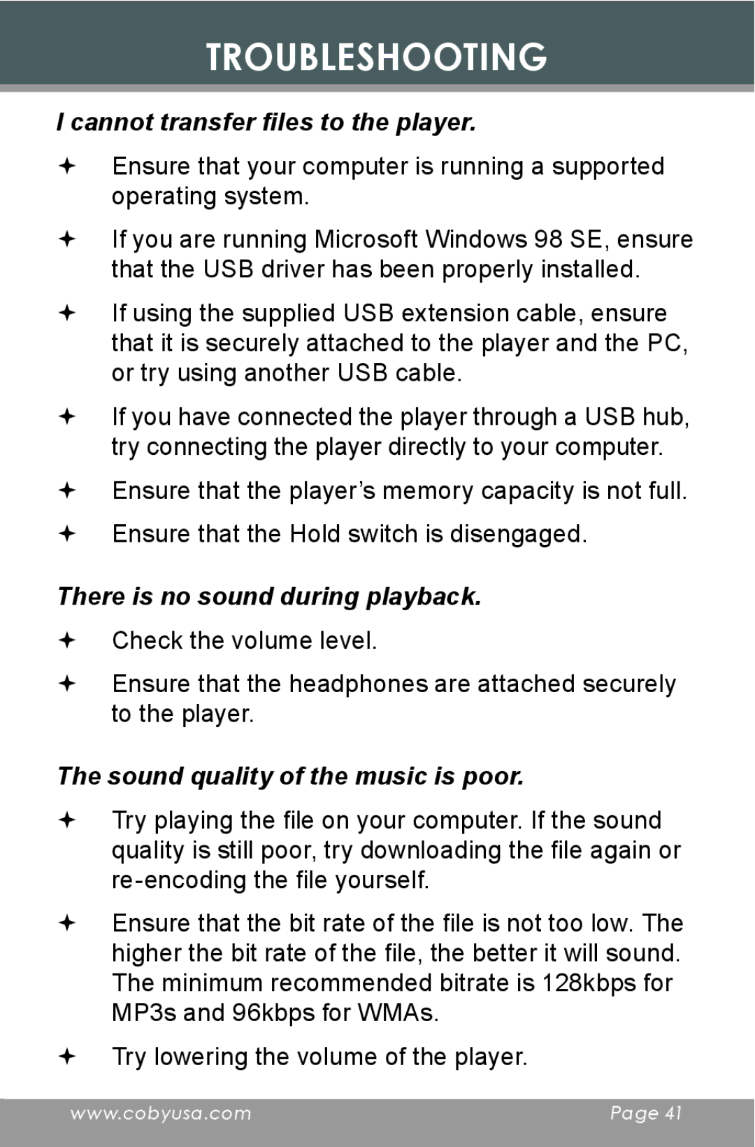 COBY electronic MP-C643 instruction manual Cannot transfer files to the player, There is no sound during playback 