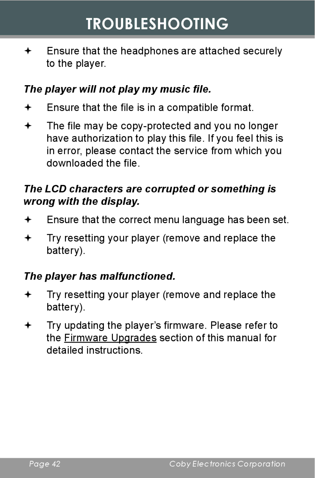 COBY electronic MP-C643 instruction manual Player will not play my music file, Player has malfunctioned 