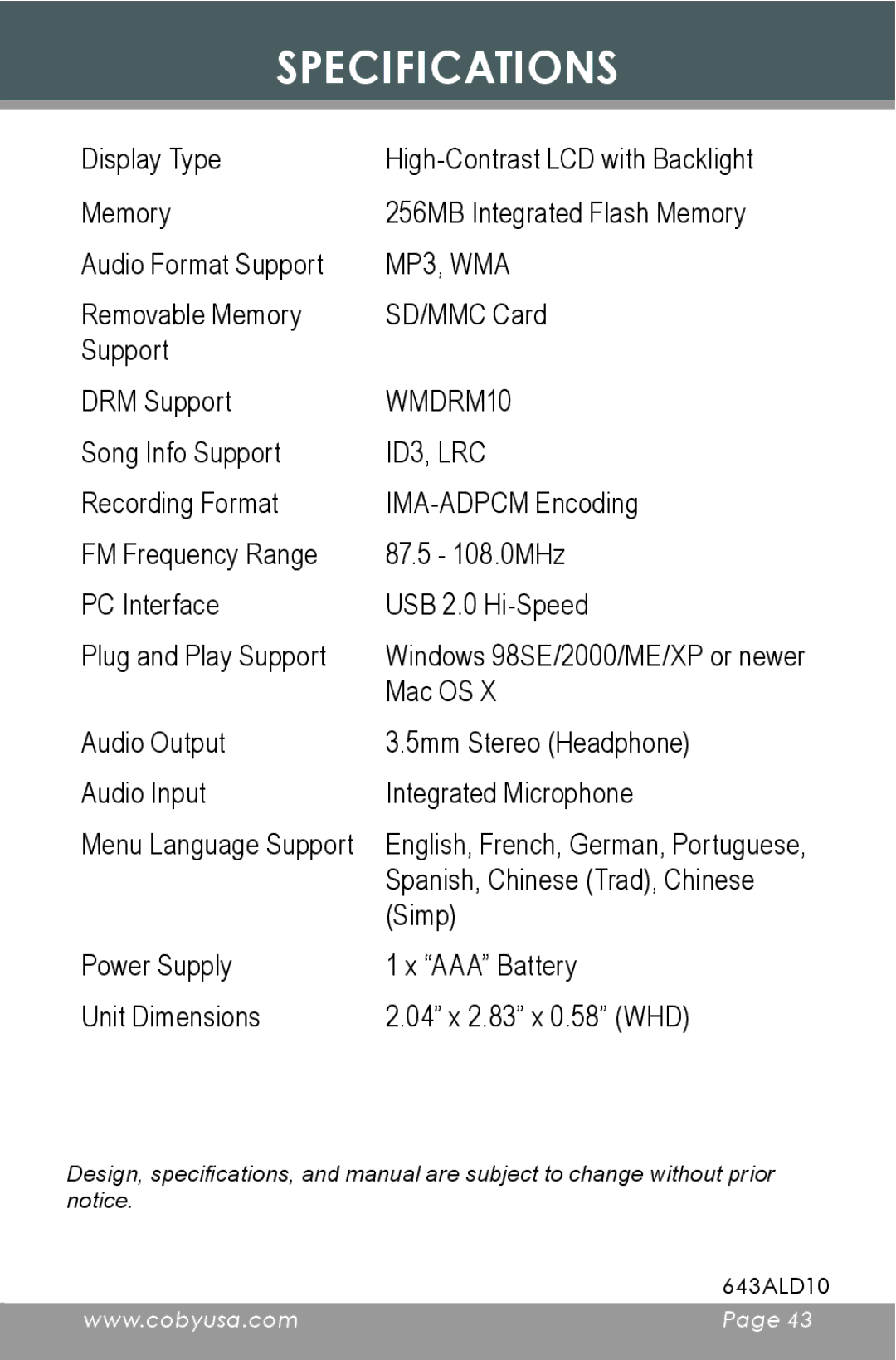 COBY electronic MP-C643 instruction manual Specifications, ID3, LRC 