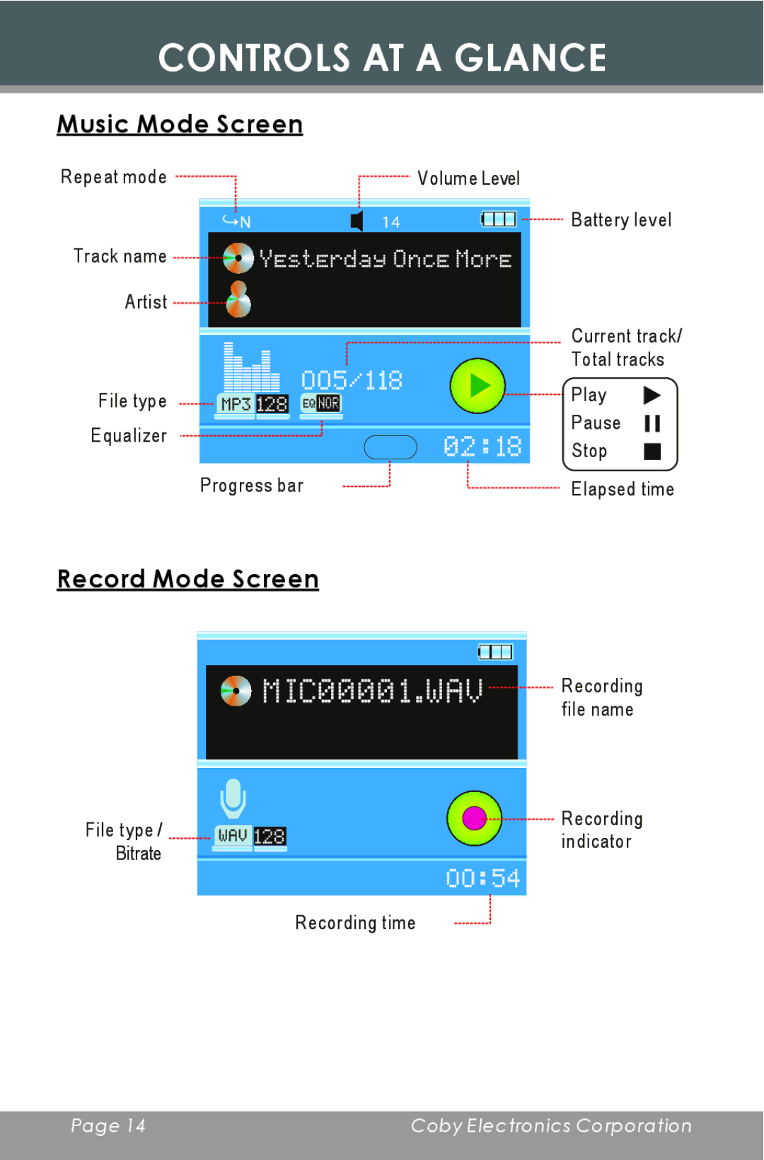 COBY electronic MP-C654 instruction manual Music Mode Screen, Record Mode Screen 