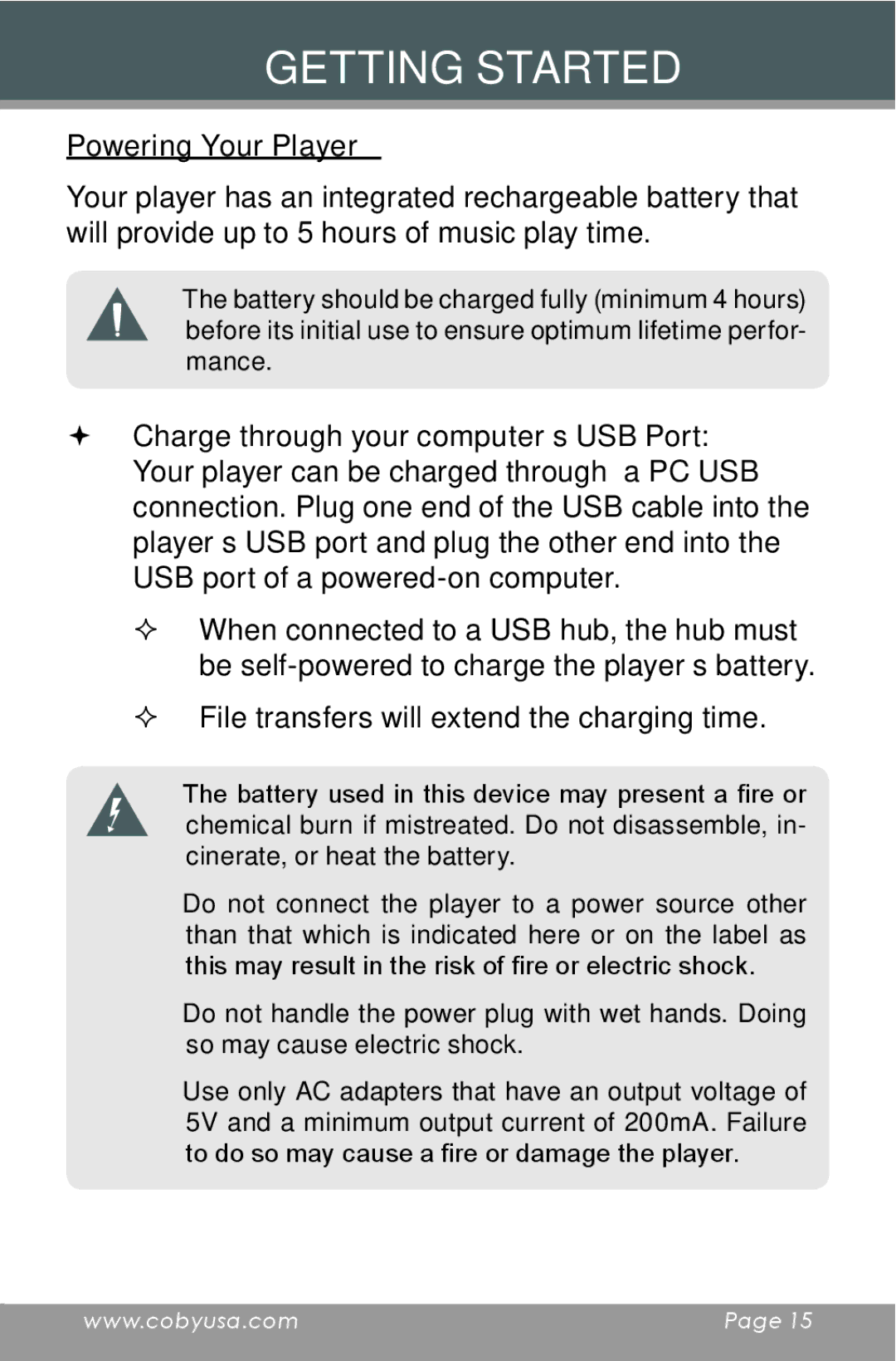 COBY electronic MP-C654 instruction manual Getting Started, Powering Your Player 