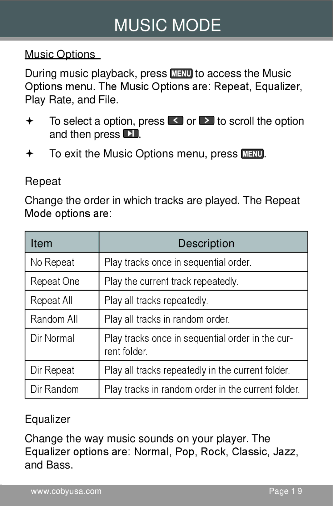 COBY electronic MP-C654 instruction manual Music Options, Repeat, Equalizer 