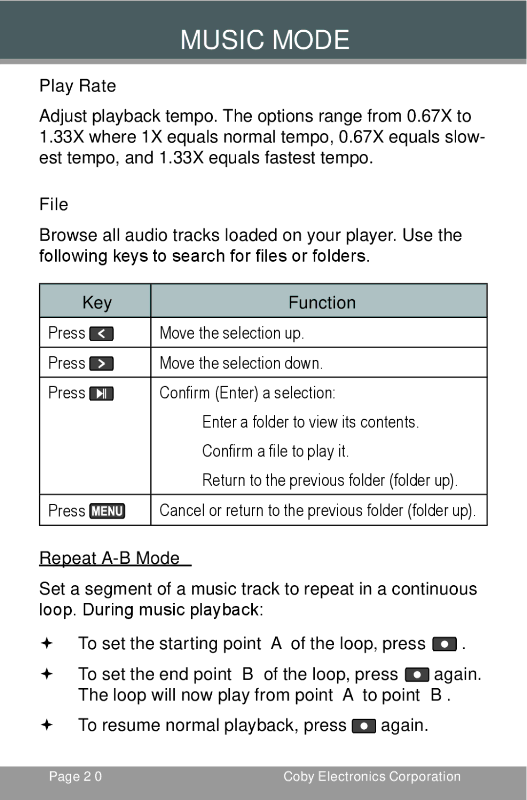 COBY electronic MP-C654 instruction manual Play Rate, File, Repeat A-B Mode 