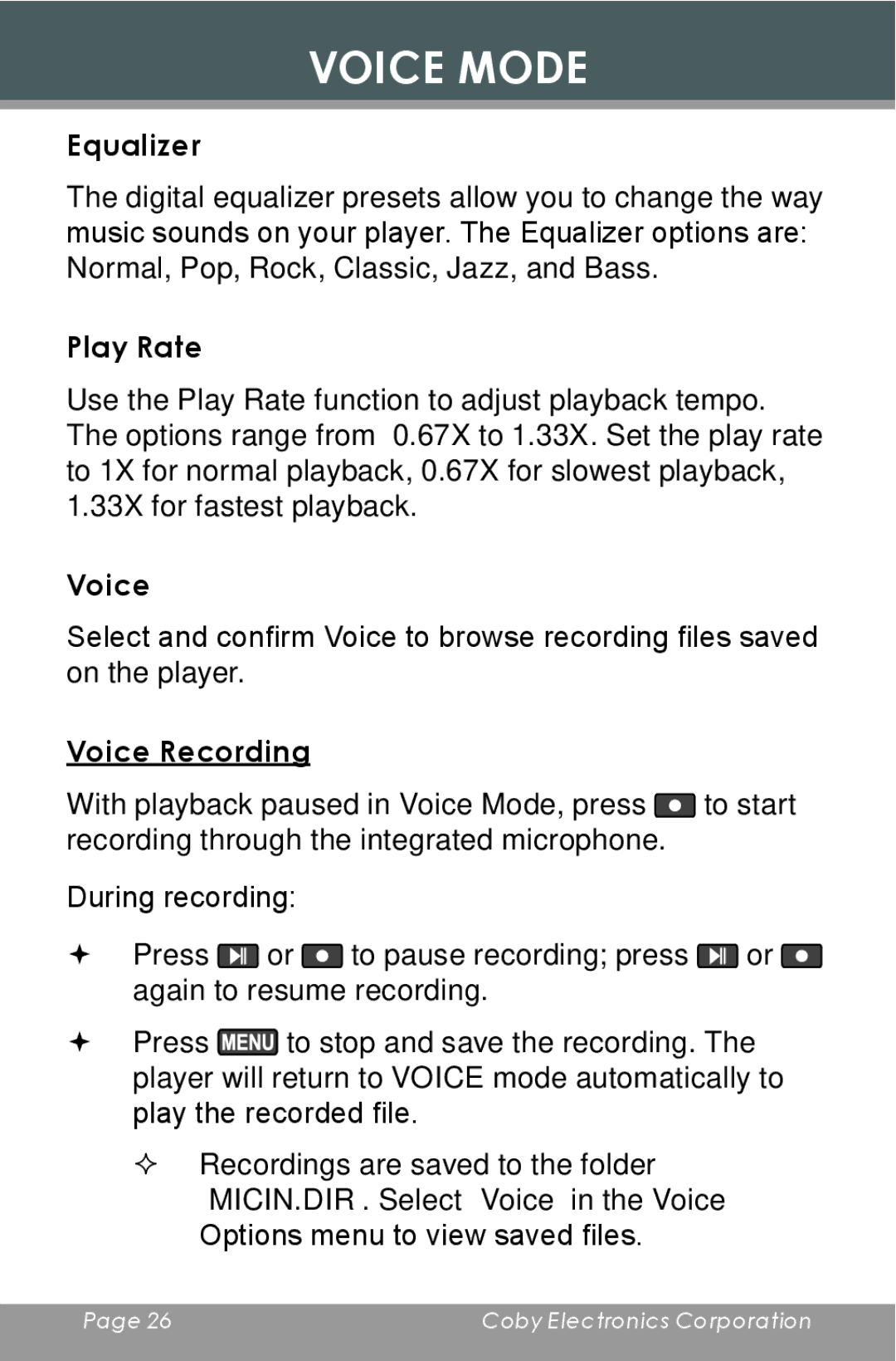 COBY electronic MP-C654 instruction manual Voice Recording 