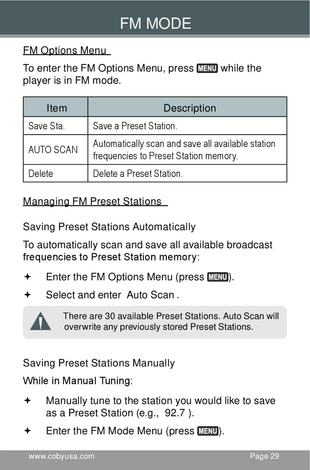 COBY electronic MP-C654 instruction manual FM Options Menu, Saving Preset Stations Manually 