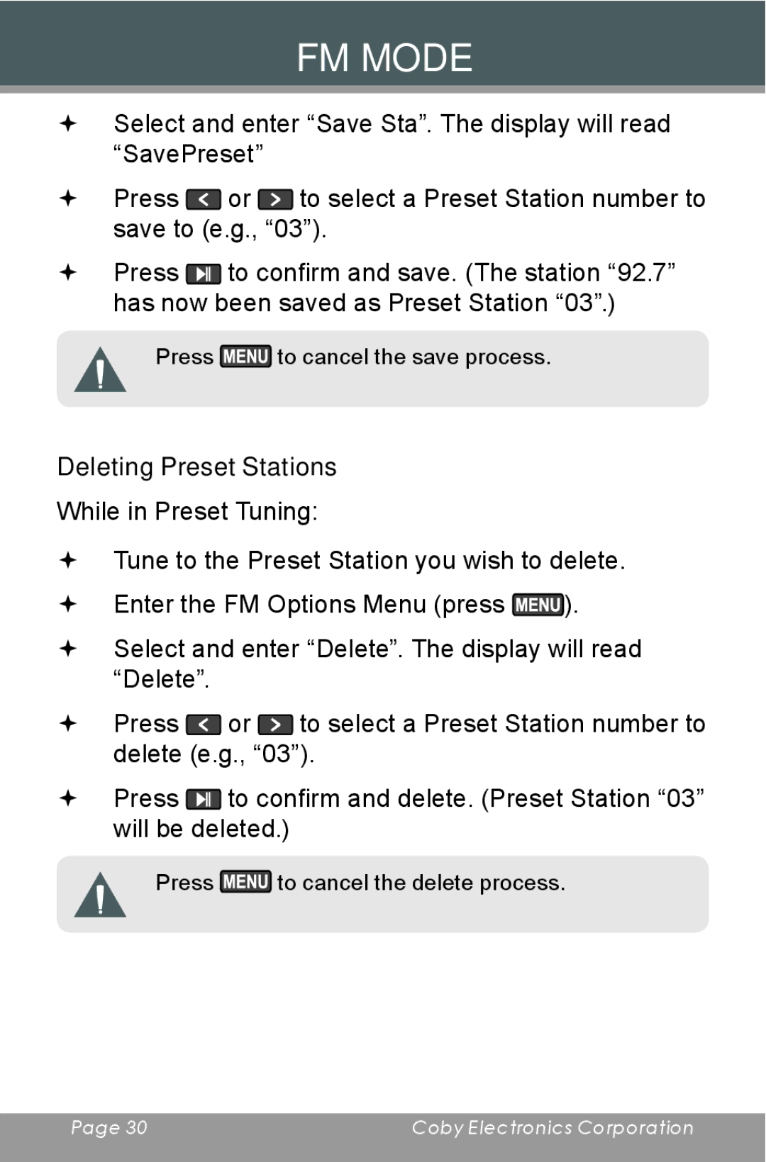 COBY electronic MP-C654 instruction manual Deleting Preset Stations 