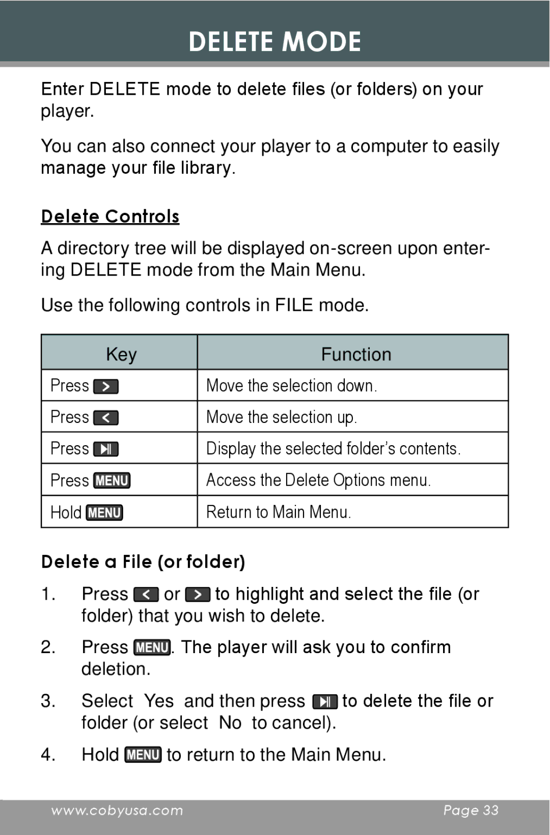 COBY electronic MP-C654 instruction manual Delete Mode, Delete Controls, Delete a File or folder 